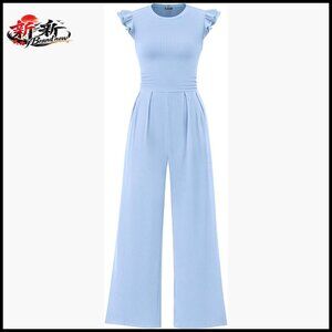 Rib Knit Jumpsuit with Ruffle Cap Sleeves and Crew Neck